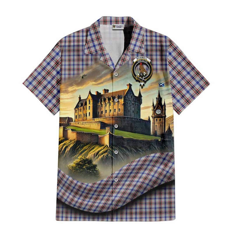 Boswell Tartan Family Crest Short Sleeve Button Shirt with Scottish Ancient Castle Style