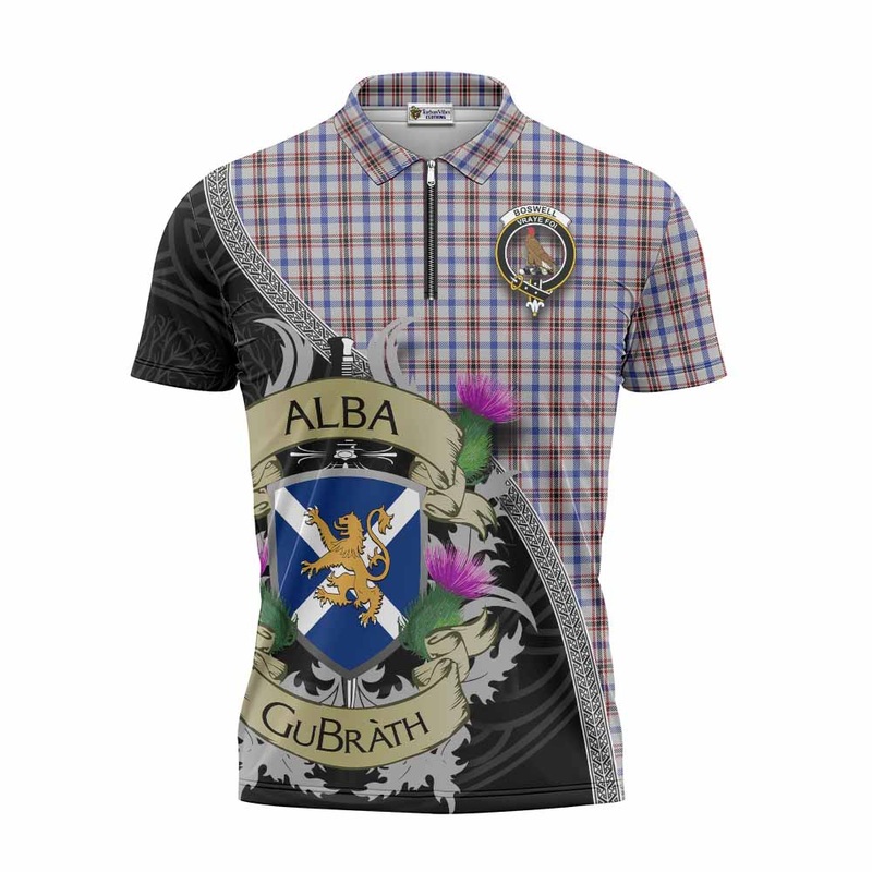 Boswell Tartan Family Crest Zipper Polo Shirt Lion Rampant Royal Thistle Shield Celtic Inspired