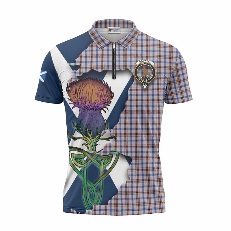Boswell Tartan Family Crest Zipper Polo Shirt Scottish Thistle Celtic Inspired