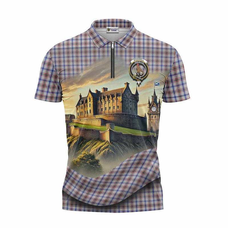Boswell Tartan Family Crest Zipper Polo Shirt with Scottish Ancient Castle Style