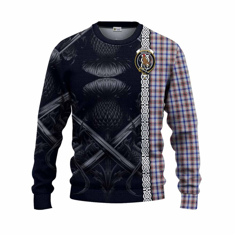 Boswell Tartan Knitted Sweater with Family Crest Cross Sword Thistle Celtic Vibes