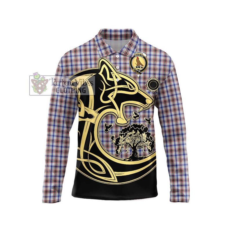 Boswell Tartan Long Sleeve Polo Shirt with Family Crest Celtic Wolf Style
