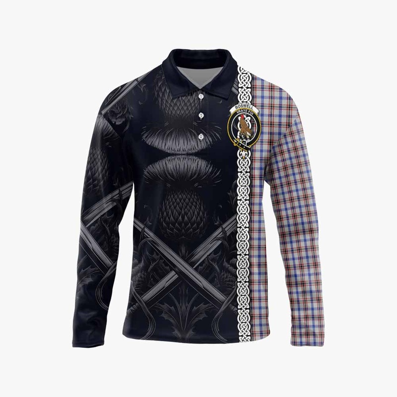 Boswell Tartan Long Sleeve Polo Shirt with Family Crest Cross Sword Thistle Celtic Vibes