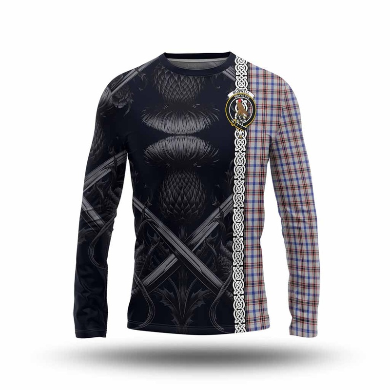 Boswell Tartan Long Sleeve T-Shirt with Family Crest Cross Sword Thistle Celtic Vibes
