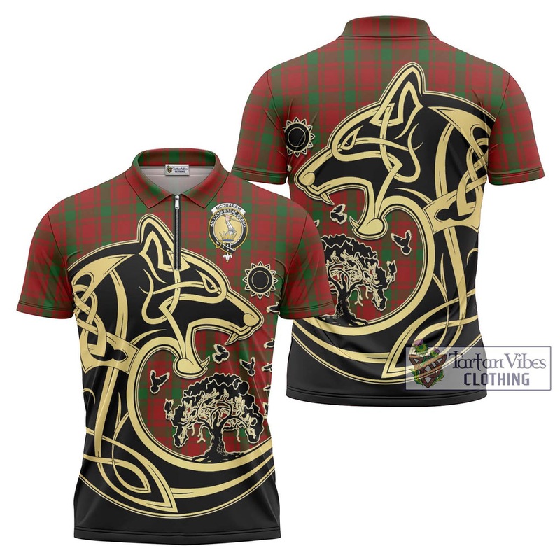 McQueary Tartan Zipper Polo Shirt with Family Crest Celtic Wolf Style