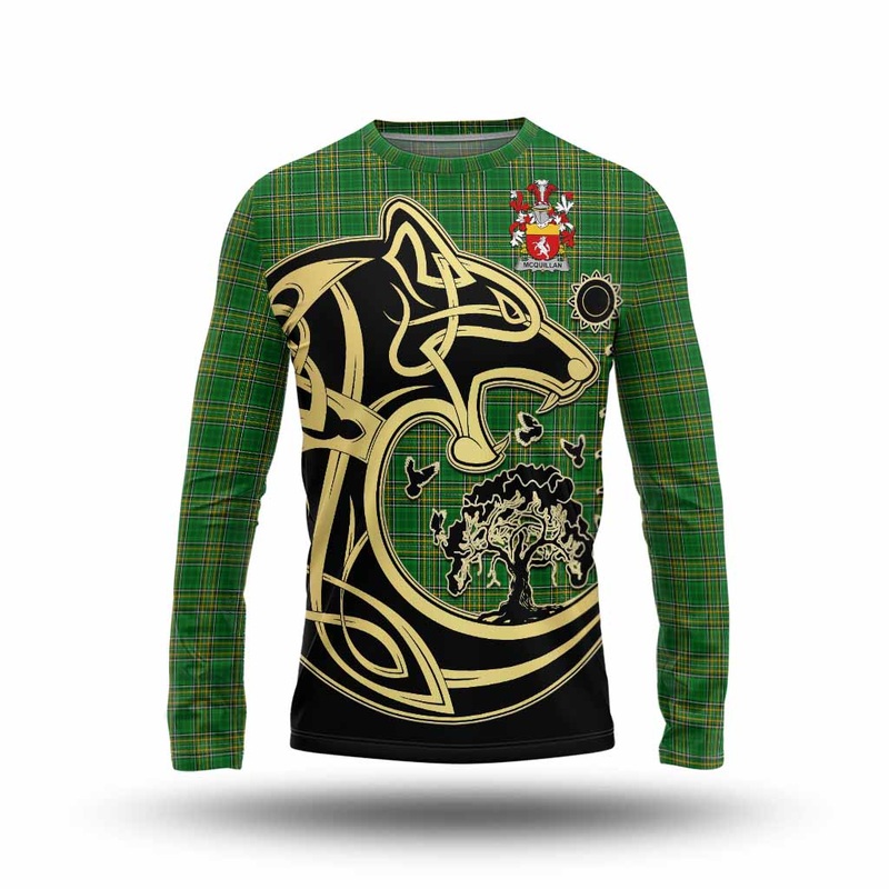 McQuillan Irish Tartan Long Sleeve T-Shirt with Coat of Arms Celtic Wolf Style