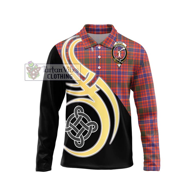 McRae Ancient Tartan Long Sleeve Polo Shirt with Family Crest and Celtic Symbol Style