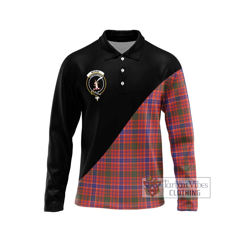 McRae Ancient Tartan Long Sleeve Polo Shirt with Family Crest and Military Logo Style